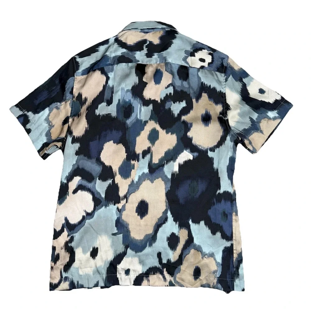 REISS Fangio Shirt Mens Large Floral Abstract‎ Ikat Print Blue Tan Cuban Collar